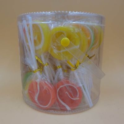 Round shape Assorted fruit Flavor Round Flat Large Swirl Lollipops / Hard Candy Food With PVC Jars
